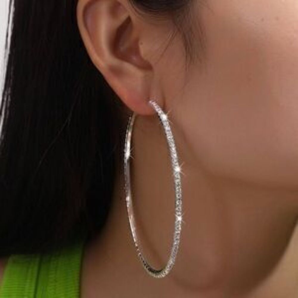 Silver Tone Extra Large Crystal Hoop Earrings: Statement Hoops Gift Dainty